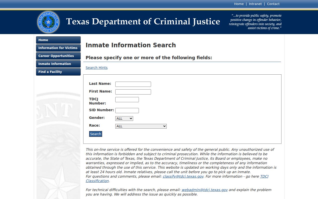 Texas Department of Criminal Justice inmate information search