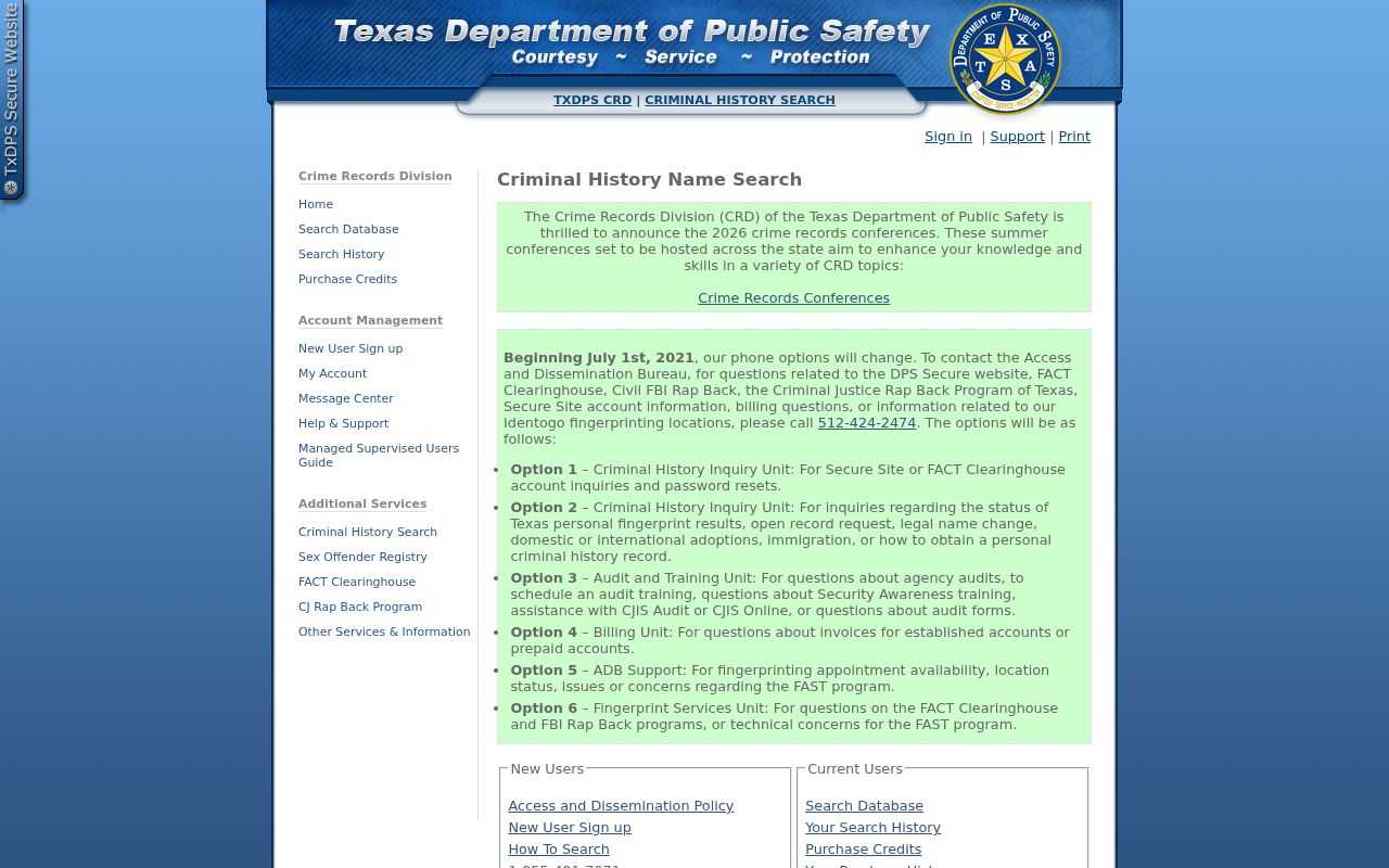 Texas DPS Criminal History Conviction Name Search landing screen
