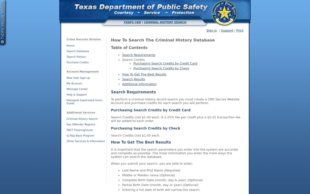 Texas DPS criminal history search instructions and credit pricing
